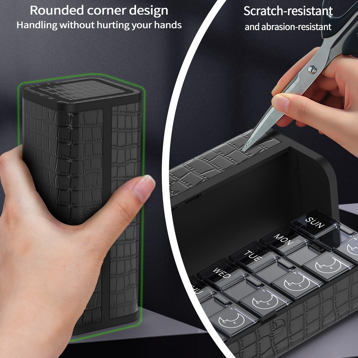 TALVOLC M Pill Organizer 7 Day AM PM, Discreet 2 Times a Day Weekly Pill Box with Double Protection Shell, Large Capacity Portable Vitamin Case for Travel Meds & Medicine Organizer (Black)