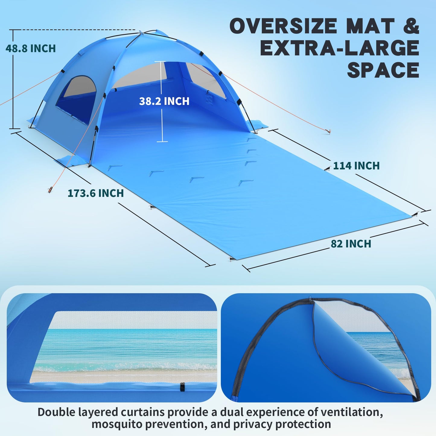 Beach Tent Sun Shelter with Extended Sand Mat 114×82inch，UPF 50+ Protection, 3 Double-Layer Windows for Enhanced Privacy; Portable Beach Shade, 3-4 People. Windproof and Waterproof