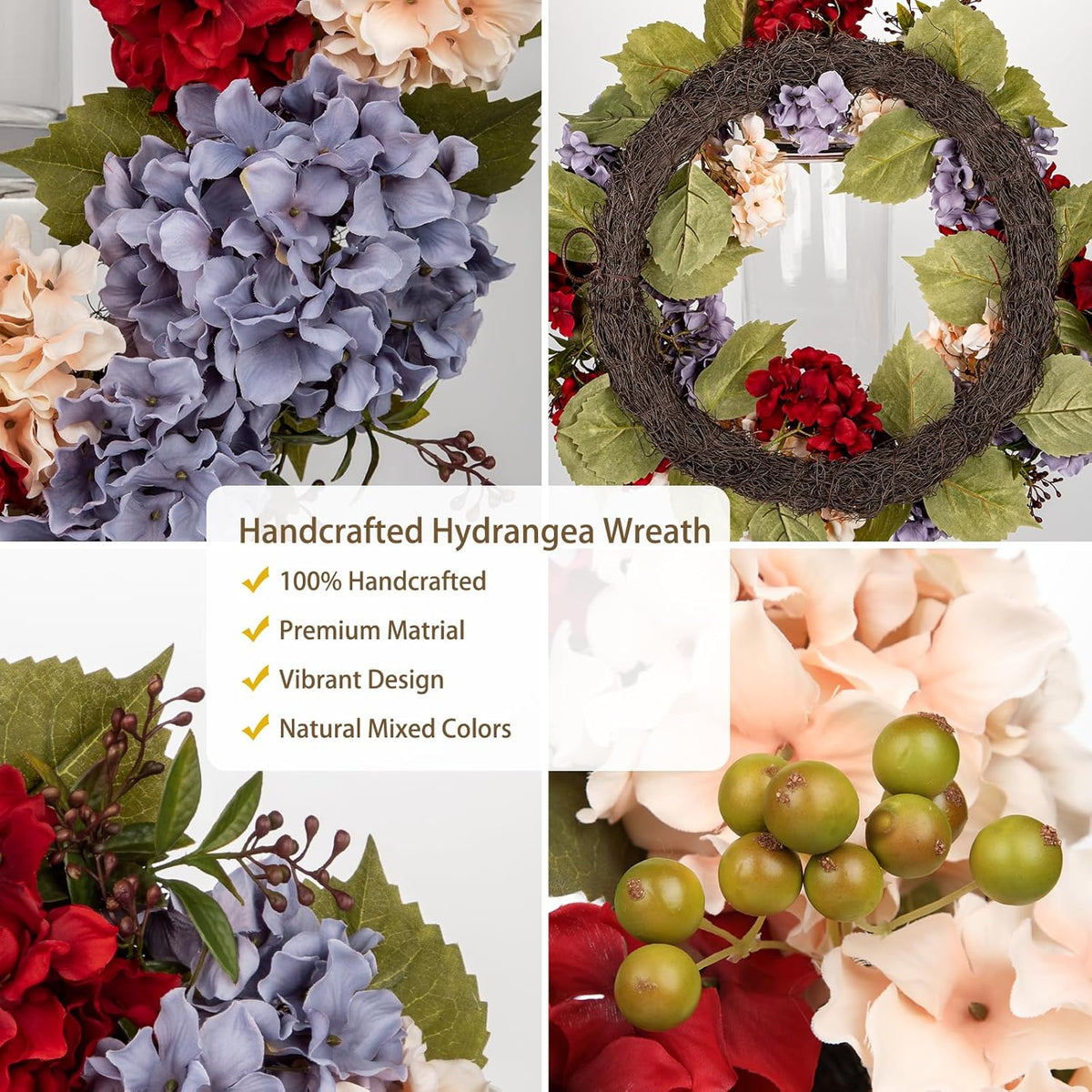 Fall Wreaths for Front Door, 24 inch Autumn Wreath with Hydrangeas Berries Large Fall Door Wreath Artificial Hydrangea Flowers Wreaths Autumn Decorations for Farmhouse Thanksgiving Harvest Door Wall