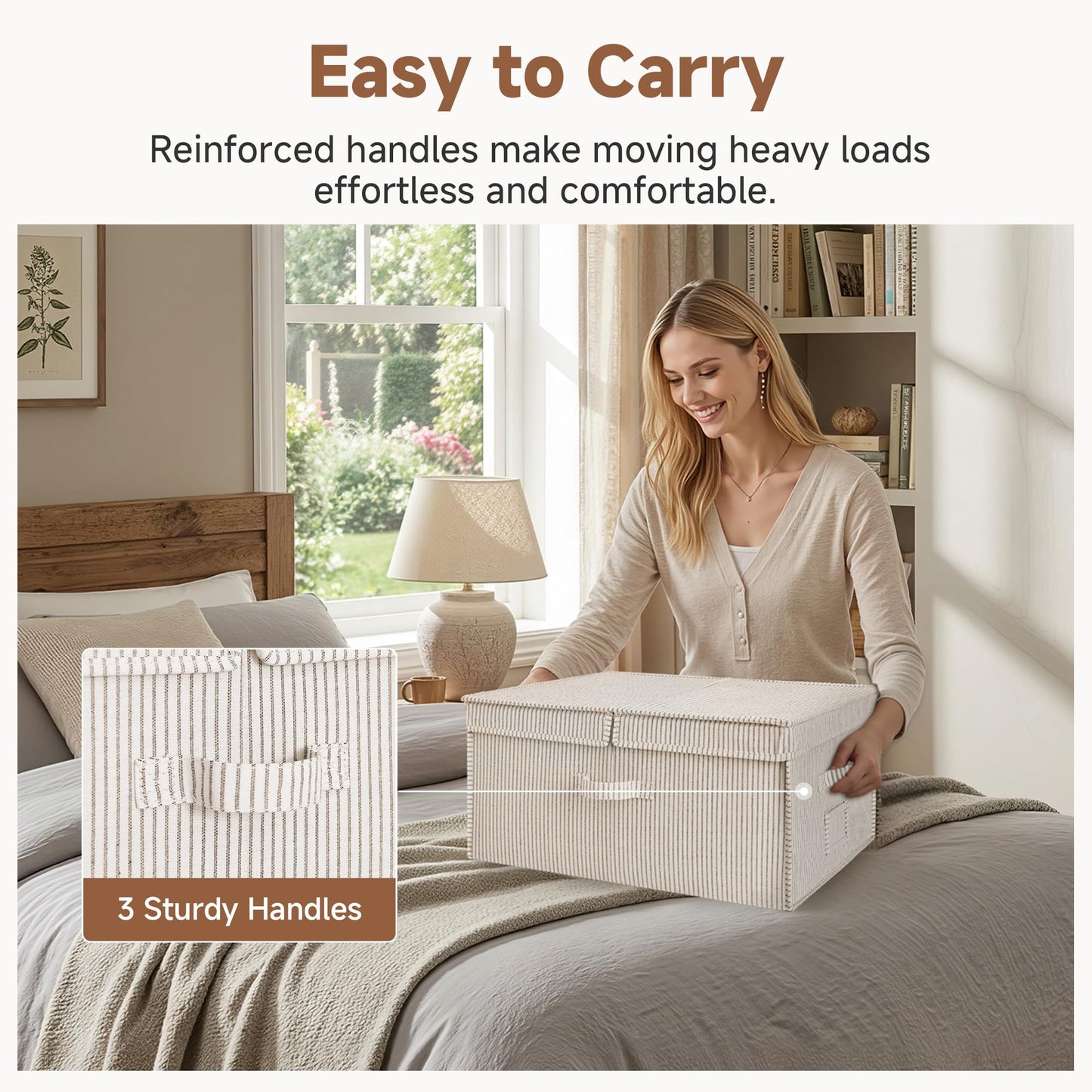 StorageWorks Extra Large Storage Bins with Lids, 55L Decorative Organizer with Divider Board, Fabric Boxes with Handles, Khaki and Beige Stripes, 2-Pack