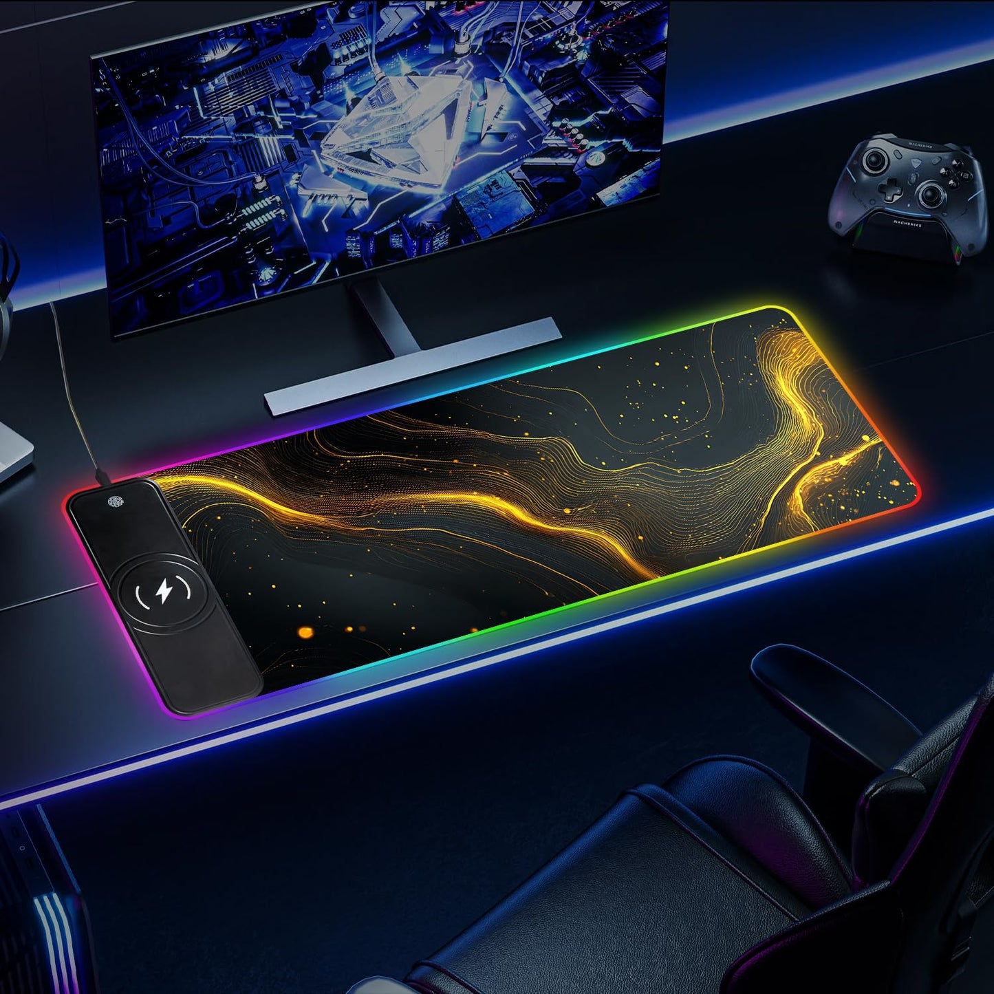 Wireless Charging RGB Gaming Mouse Pad, 31.5 x 11.8 Inch Extended Mouse Mat with Black & Gold Abstract Wave Design, LED Desk Pad with 7 Lighting Modes, Non-Slip Base for Gaming & Office