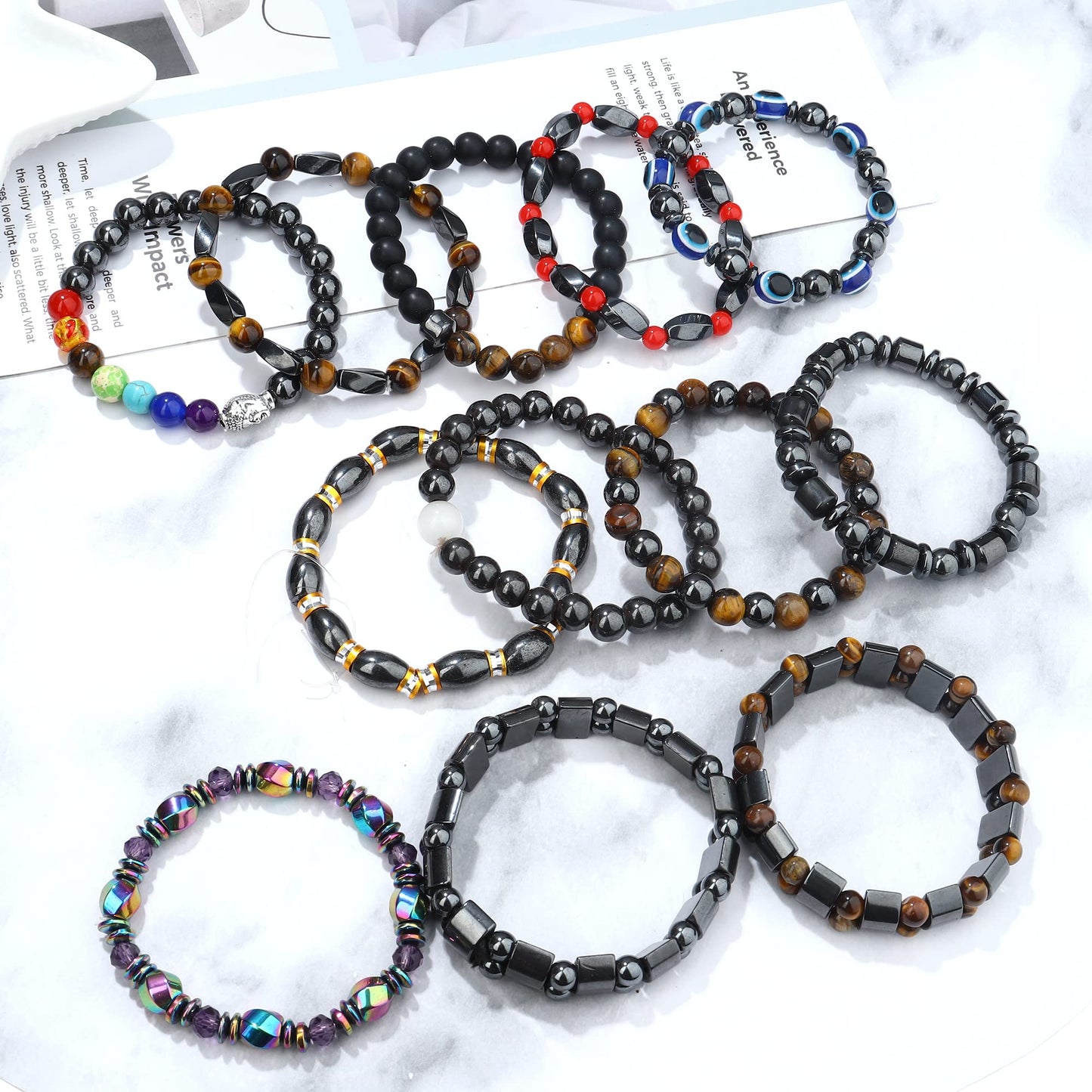 THUNARAZ 12Pcs Hematite Magnetic Bracelet Set for Men Women Tiger Eye Stone Bracelet Stree Relief Gift