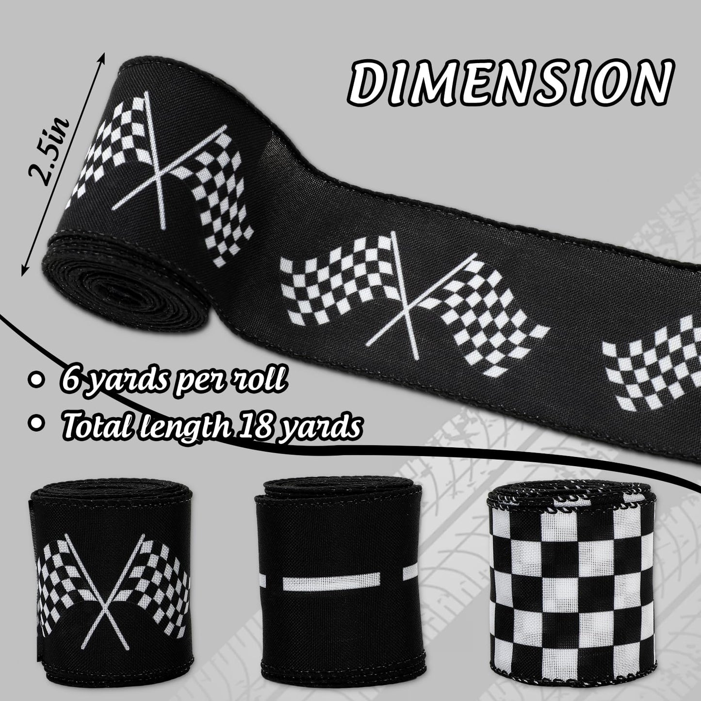 Whaline 3 Roll Racing Car Theme Wired Edge Ribbon 18 Yards 2.5 Inch Black White Checkered Decorative Fabric Ribbon for Wreath Bow Sport Team DIY Craft Gift Wrapping Supplies