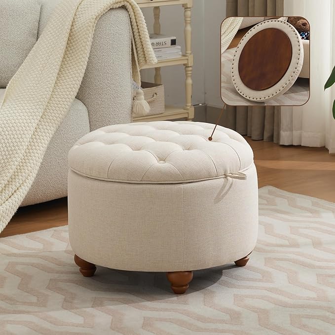 24Inch Round Storage Ottoman with Tray, Modern Tufted Fabric Circle Coffee Table with Storage, Upholstered Ottoman with Removable Top for Living Room, Bedroom, Khaki