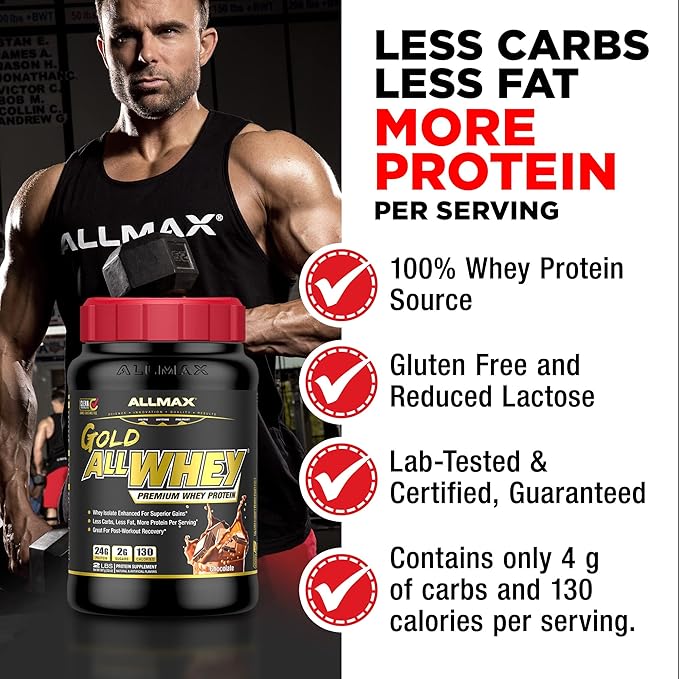 ALLMAX Nutrition - Gold ALLWHEY Protein Powder, Whey Protein Blend for Strength and Muscle Gains, Post Workout Recovery, Gluten Free, 24 Grams of Protein, Strawberry, 5 Pound