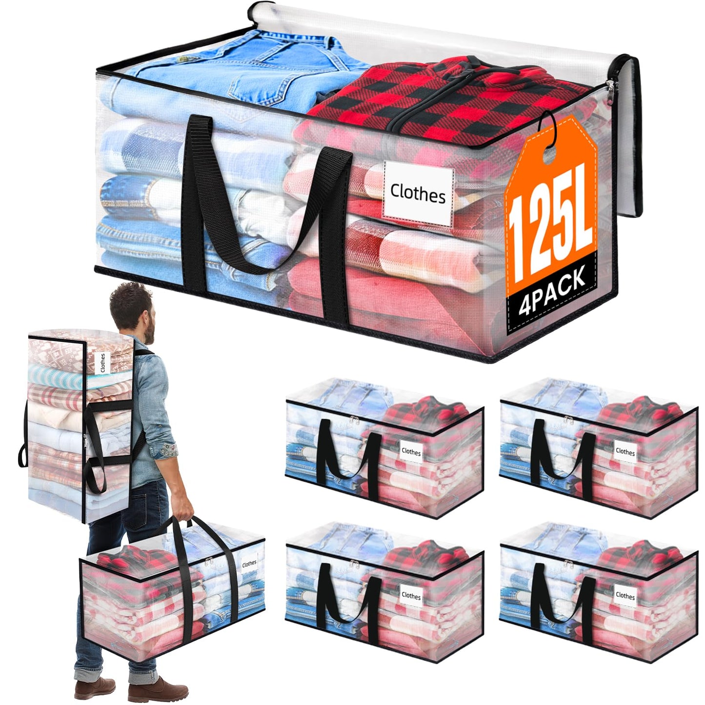 BlissTotes 4-Pack Large Moving Bags with Backpack Straps & Strong Zippers, Heavy-Duty Storage Bags Moving Boxes for Space Saving, Dorms, Transport, 125L-30 Gallons, Clear
