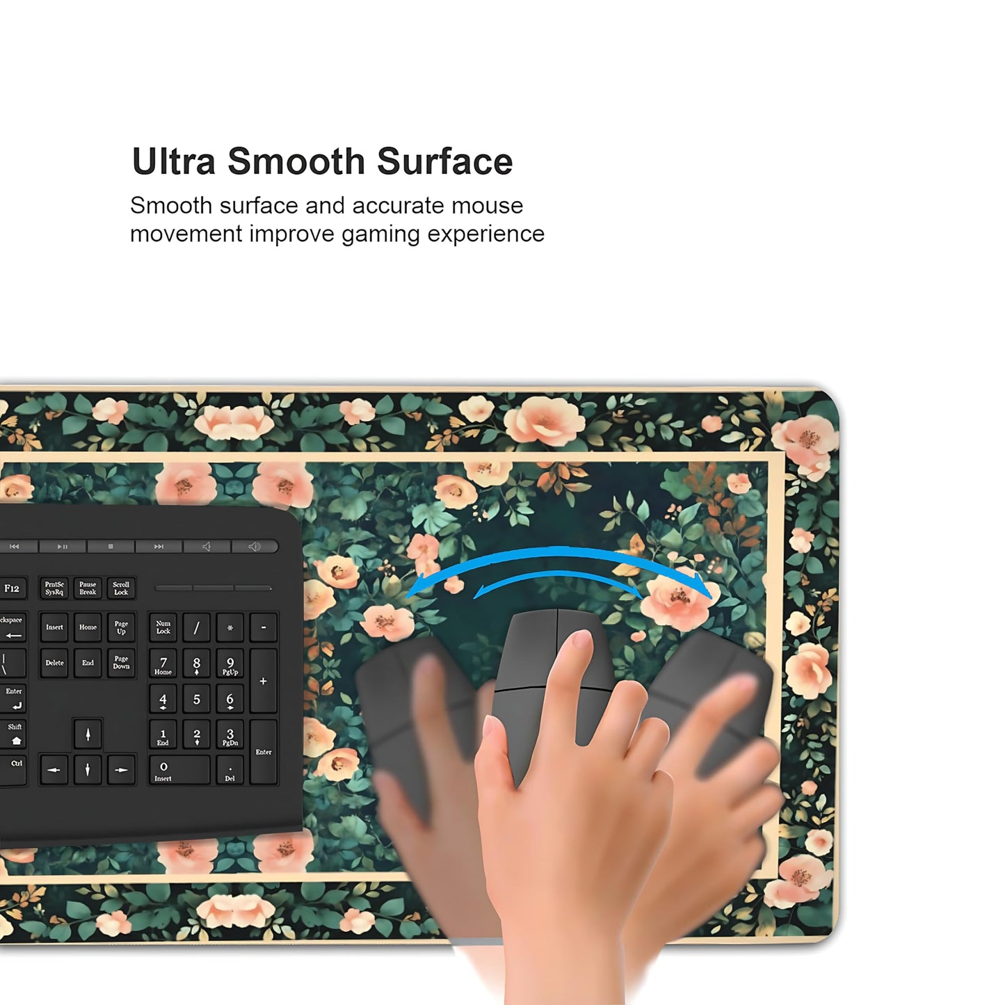 Floral Aesthetic Rose Gaming Mouse Pad, Forest Green Rug Desk Mat with Anti-Slip Base & Stitched Edges,35.4" x 15.7" in Table Mat for Computer Desktop, Beautiful Workstation Decor