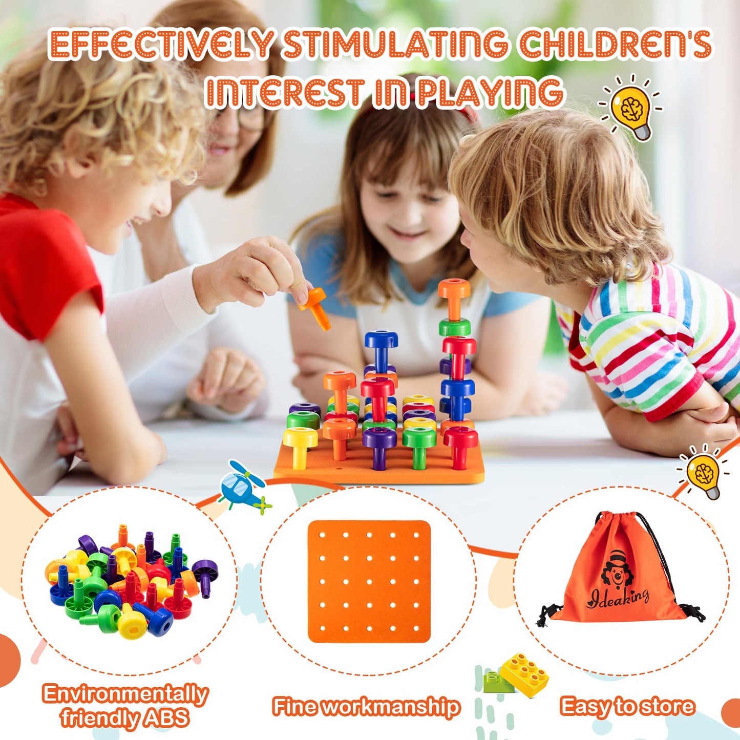 Shappy Toddler Peg Board Kids Montessori Colorful Stackable Toys 120 Pcs Pegs with 4 Foam Board 4 Sets Learning Educational Toy for Preschool Color Recognition Counting Skill with Lacing String Bag