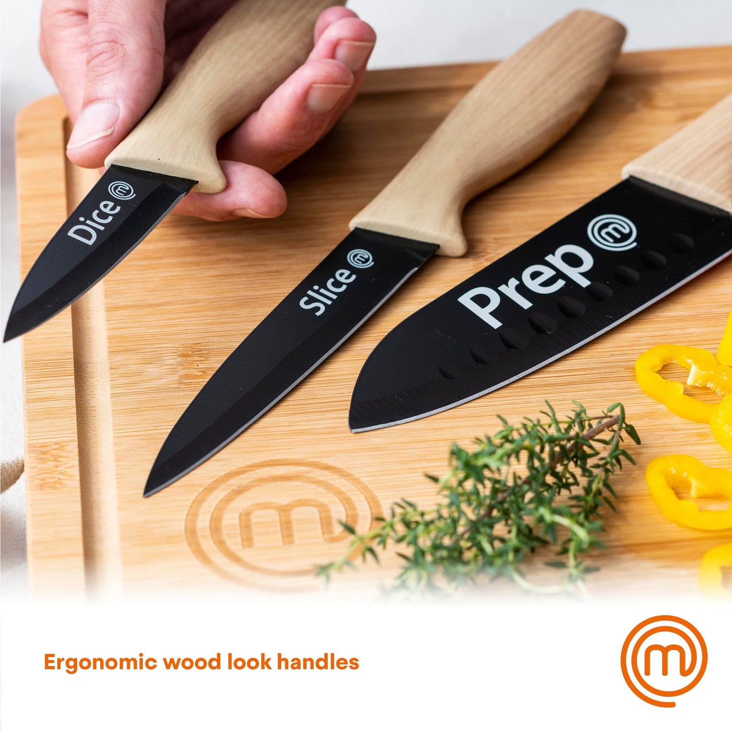 MasterChef Knife Set of 3 Kitchen Knives for Cooking (Chef, Paring & Utility), Professional Sharp Stainless Steel, Non Stick Blades & Soft Touch Handles, Easy Grip, Natural Collection, 3 Piece