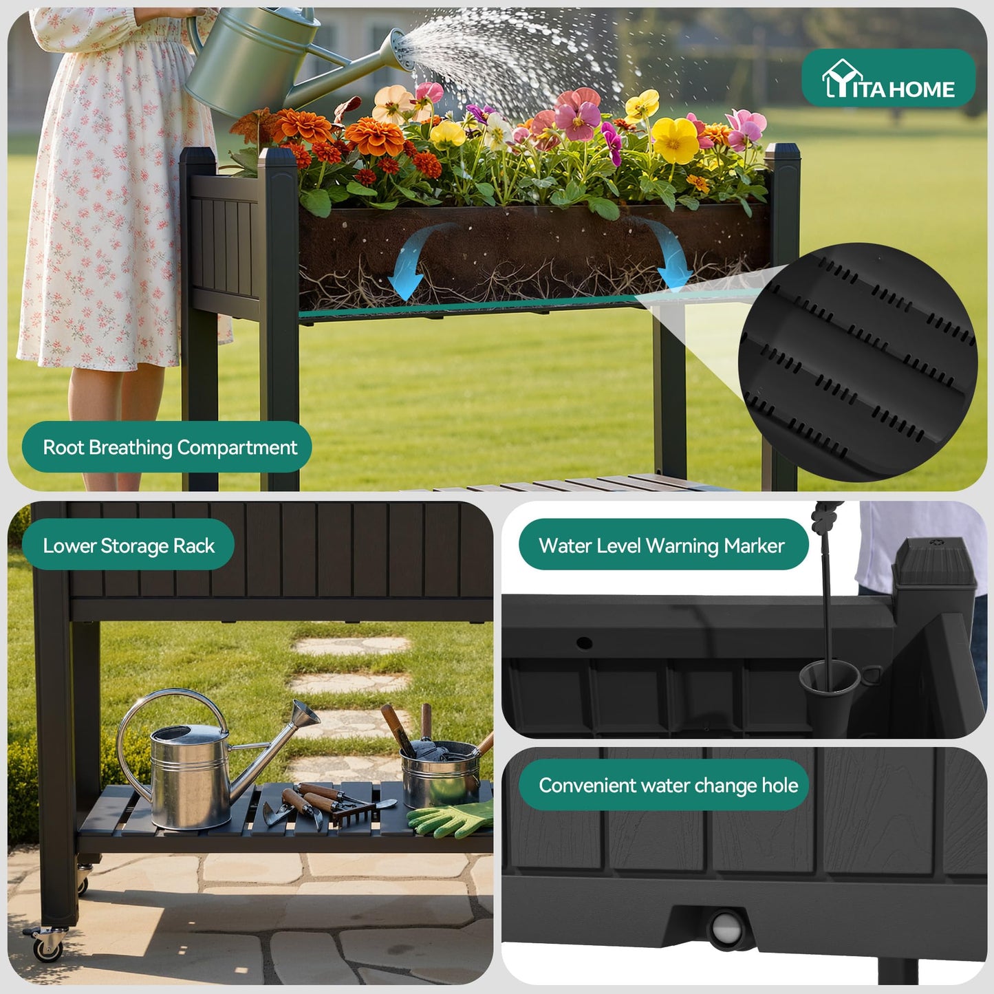 YITAHOME 42.5x17.3x35.4 in Raised Garden Bed, Outdoor Plastic Planter Box with Wheels, Legs, Drain Plug, and Storage Shelf for Plants, Vegetables, Flowers, Herbs, Black