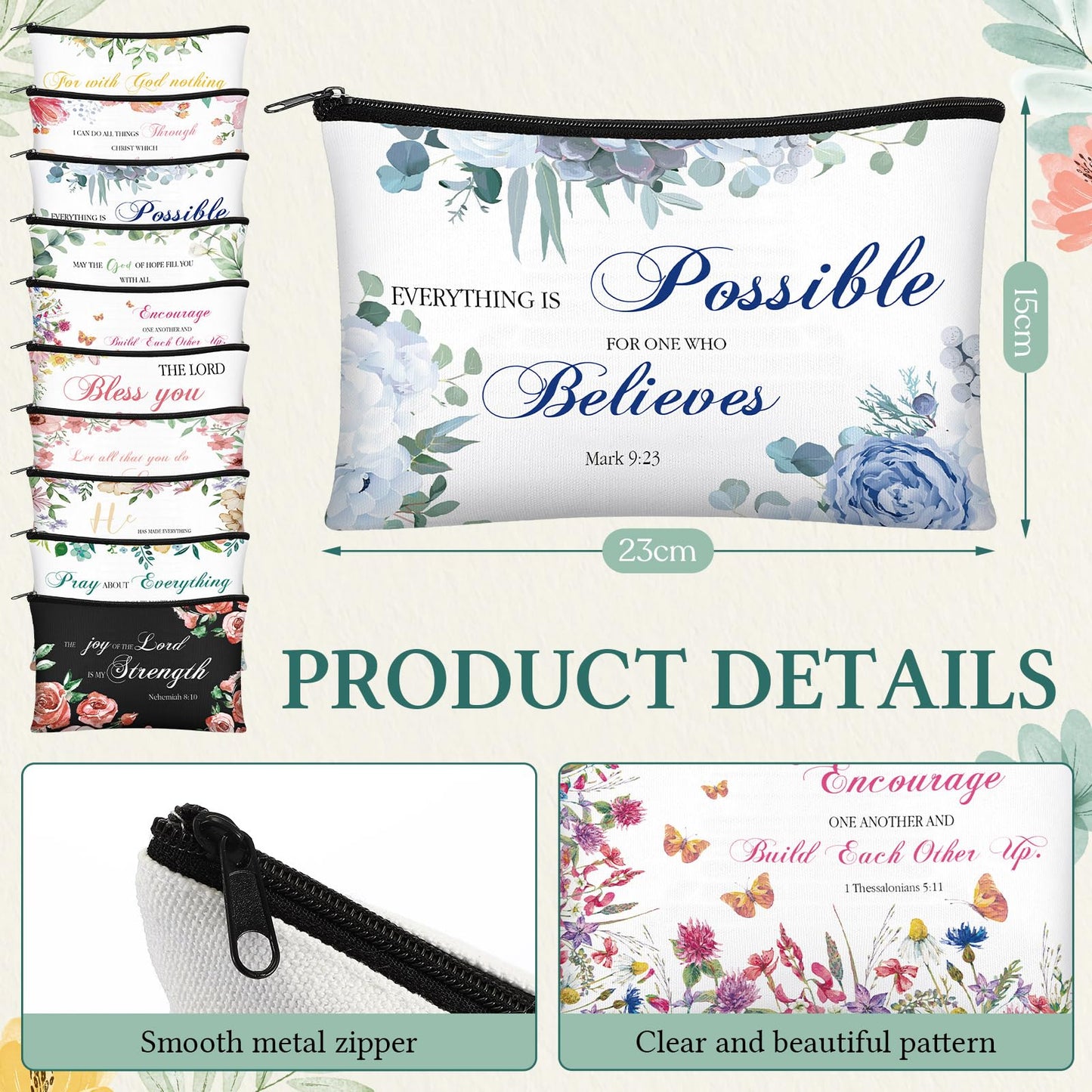 Abbylike 40 Pcs Christian Gift for Women Include 20 Bible Verse Makeup Bags 20 Christian Compact Mirrors Inspirational Religious Scripture Gift for Mom Sister Birthday Christmas(Flower Style)