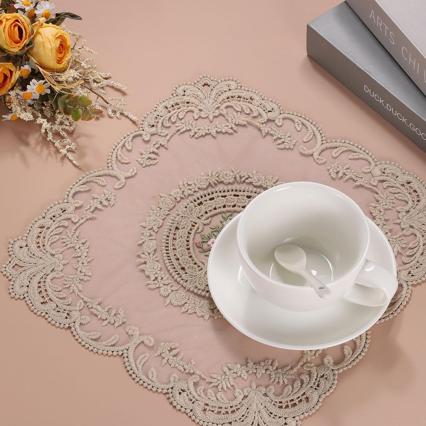 uxcell 2Pack Retro Lace Placemat 12x12-in Square Embroidered Table Place Mats French Crochet Doilies Coasters Cup Mat for Home Wedding, Sky Blue