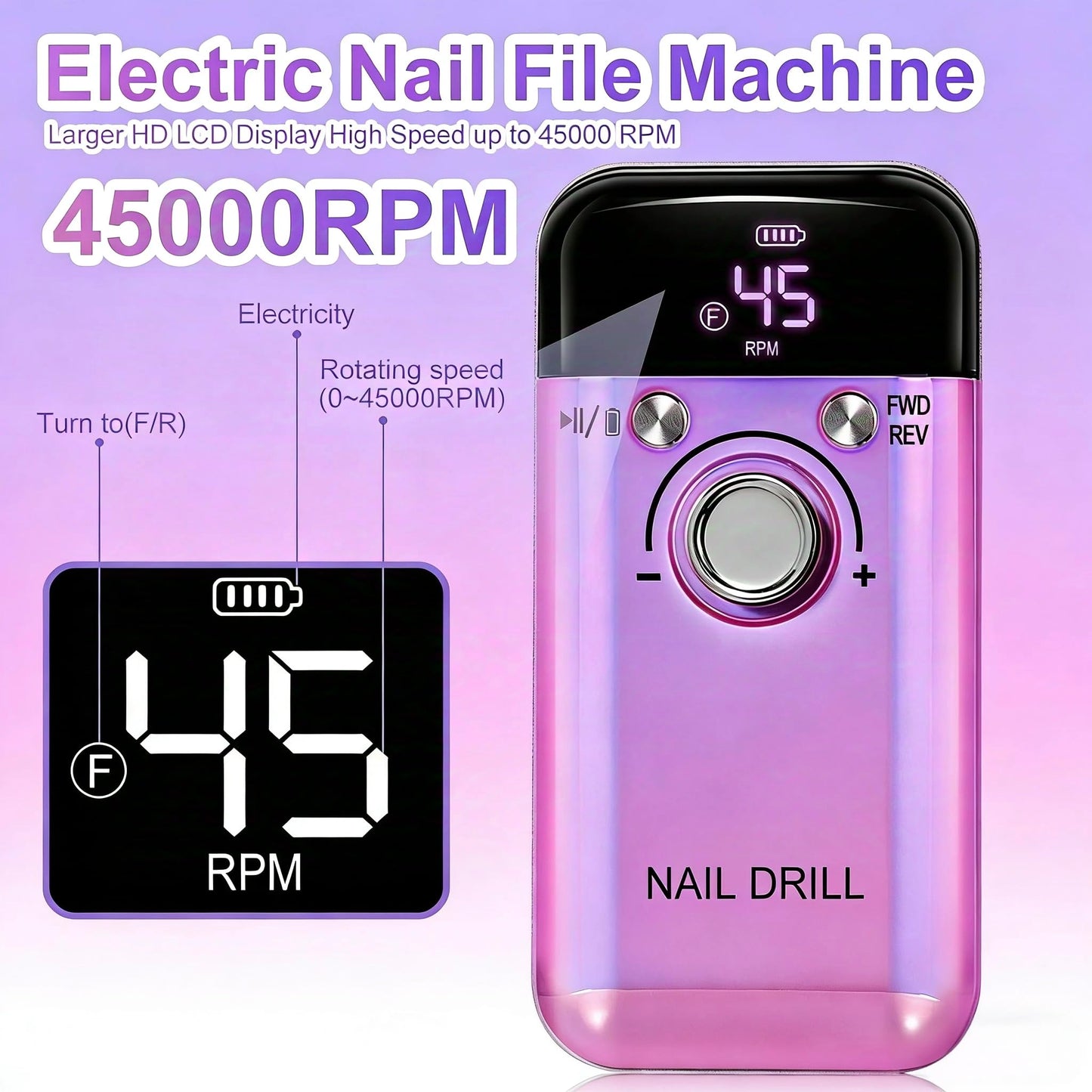 TWOEIGHT Electric Nail Drill Machine 45,000RPM - Professional Electric and Rechargeable Nail Drill with LCD Display, 12 Bits , Low Heat Quiet E-File for Acrylic Gel Nails - Salon & Home Use