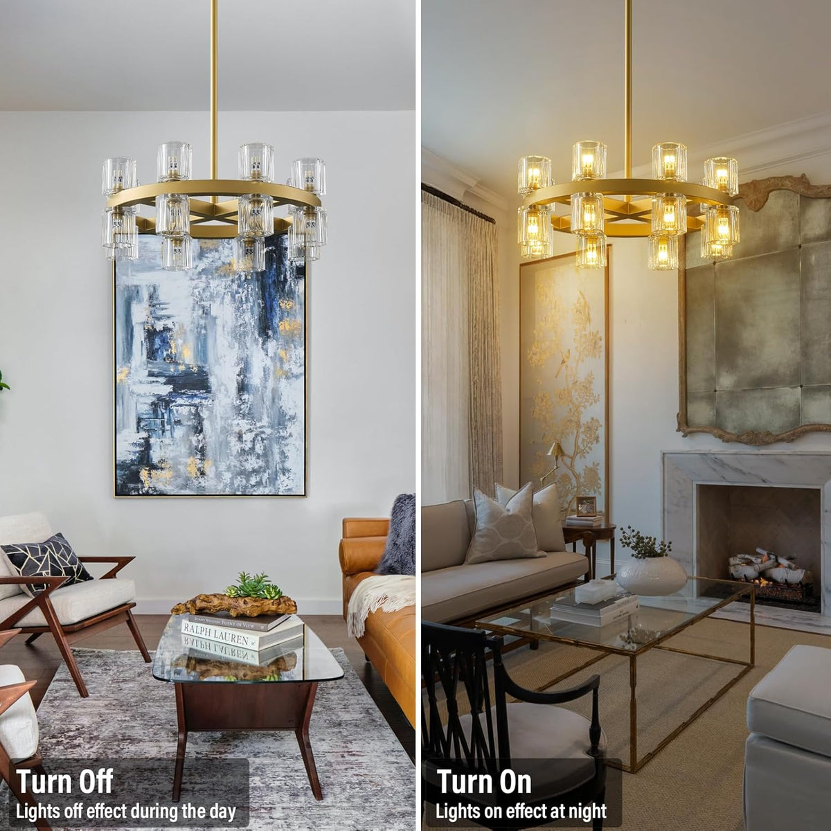 Gold Chandelier Light Fixture Kitchen and Dining, 16-Lights Modern Chandeliers for Dining Room, 18" Farmhouse Kitchen Pendant Lights Over Table, Crystal Wagon Wheel Chandelier(Bulbs Included)