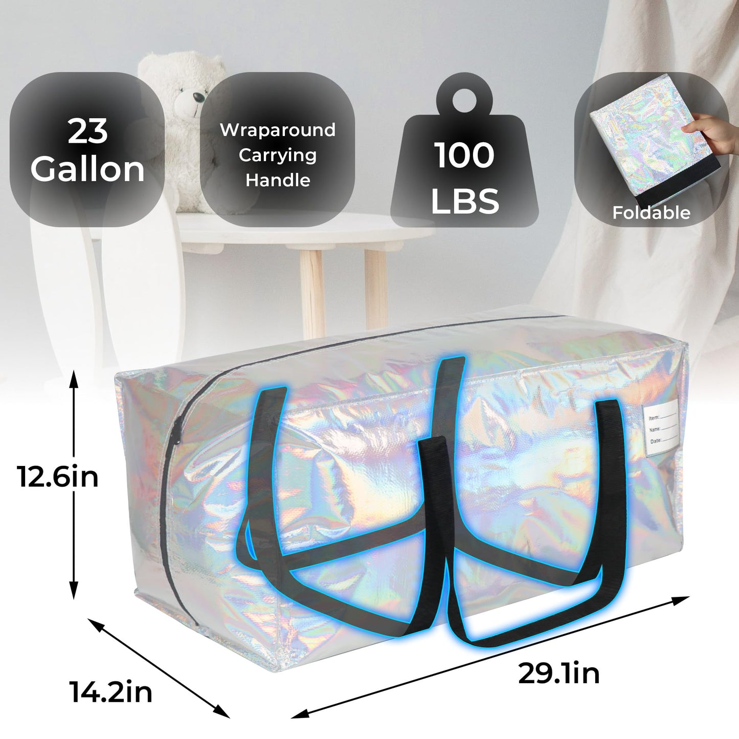 VTSVTS 6 Pack Extra Heavy Duty Large Moving Bags with Comfortable Handle & Strong Zipper,Storage Totes for Space Saving Moving Storage College Supplies Alternative to Moving Box,Iridescent