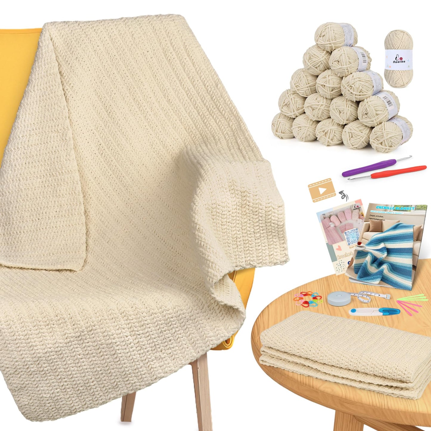 Aeelike Blanket Crochet Kit for Beginners, Easy Crochet Blanket Kit with Soft Chenille Yarns Detailed Instruction Crocheting Accessories Complete Beginners Crocheting Kits, Khaki