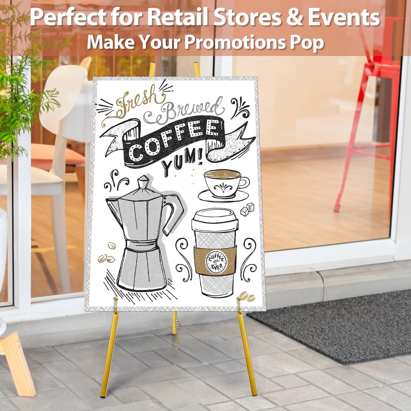 WRINGKIT Gold Easel Stand for Sign, Heavy Duty Metal Adjustable Display Stand with 4 Tier, 44'' Height Large Floor Standing Easel for Painting, Poster, Mirror, Art, Welcome Wedding Signs