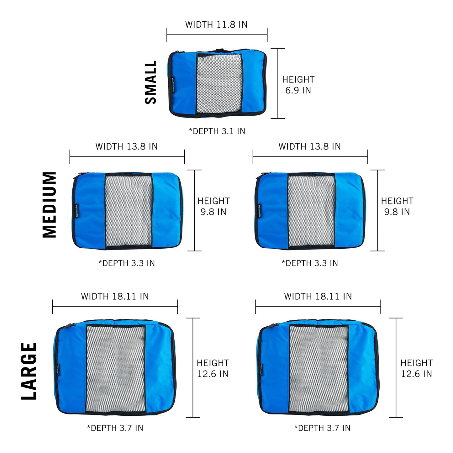 TravelWise 5 Piece Packing Cubes Set, Lightweight Luggage Organizer with Mesh Panels and 2 Way Zippers, Includes Small, Medium and Large Cubes for Travel, Blue