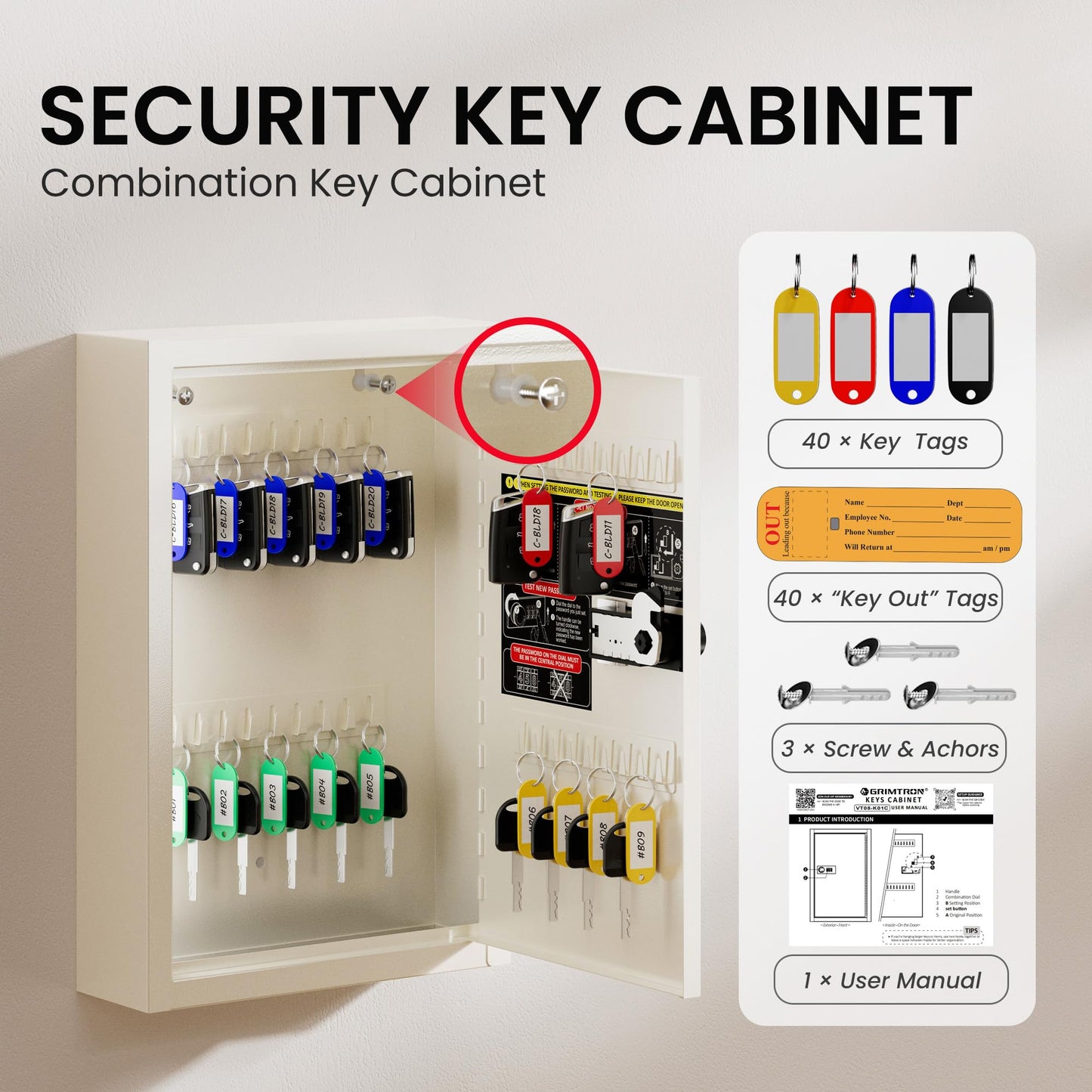 Grimtron Key Lock Box for Keys with Code, Key Box Wall Mount Cabinet, Resettable Combination Lock, 40 Keys, Beige, Gifts for Mother‘s Day