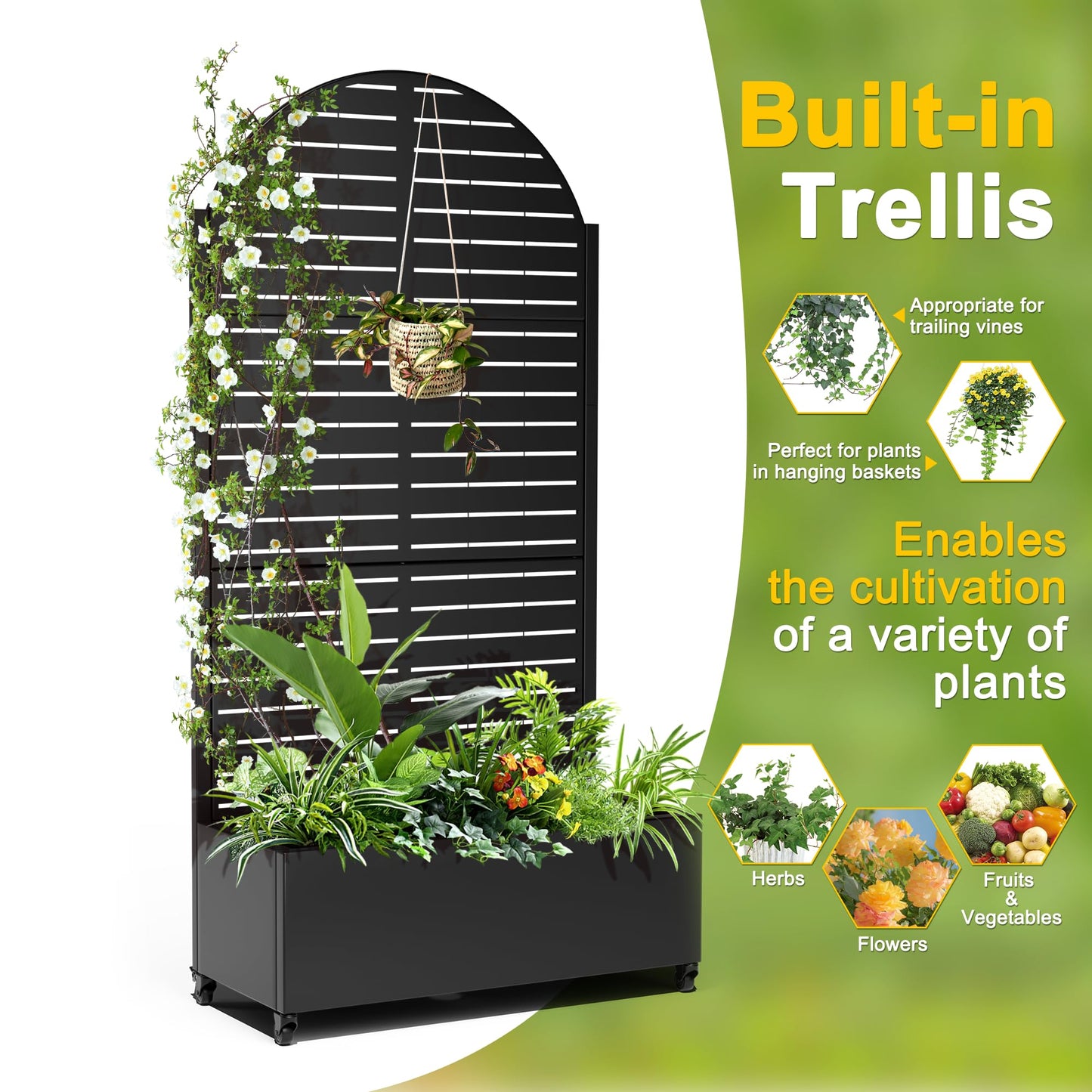 FENCY Metal Raised Garden Bed with Wheels and Trellis,Arched 73"x35"x16" Planter Box for Climbing Plants, Vegetables & Vines, Features Privacy Screen and Drainage Holes (Black-Louvered)