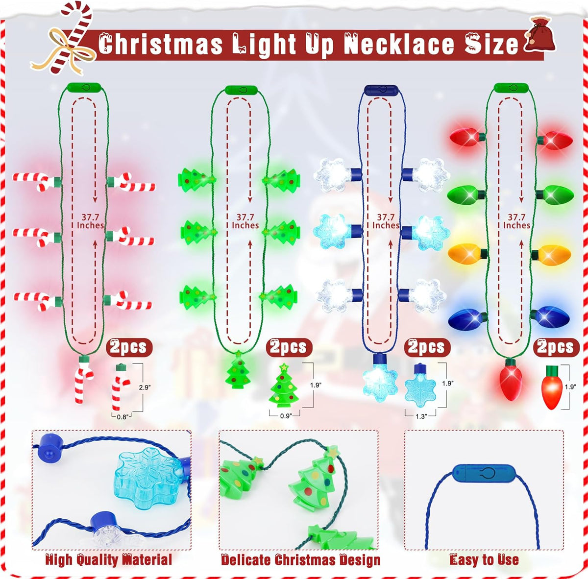24 PCS Christmas Party Favors, Light Up Candy Cane Snowflake Tree Bulb Necklace LED Headwear Glow Eyeglasses Set for Bulk Xmas Gifts, Christmas Ugly Sweater Party Supplies, Christmas Accessories