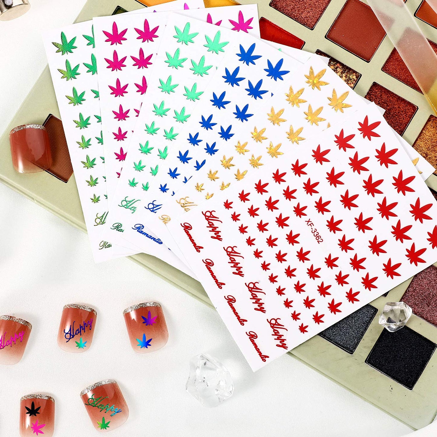 12 Sheets Colorful Leaf Nail Decals - Self-Adhesive Pot Leaves Nail Stickers for Women