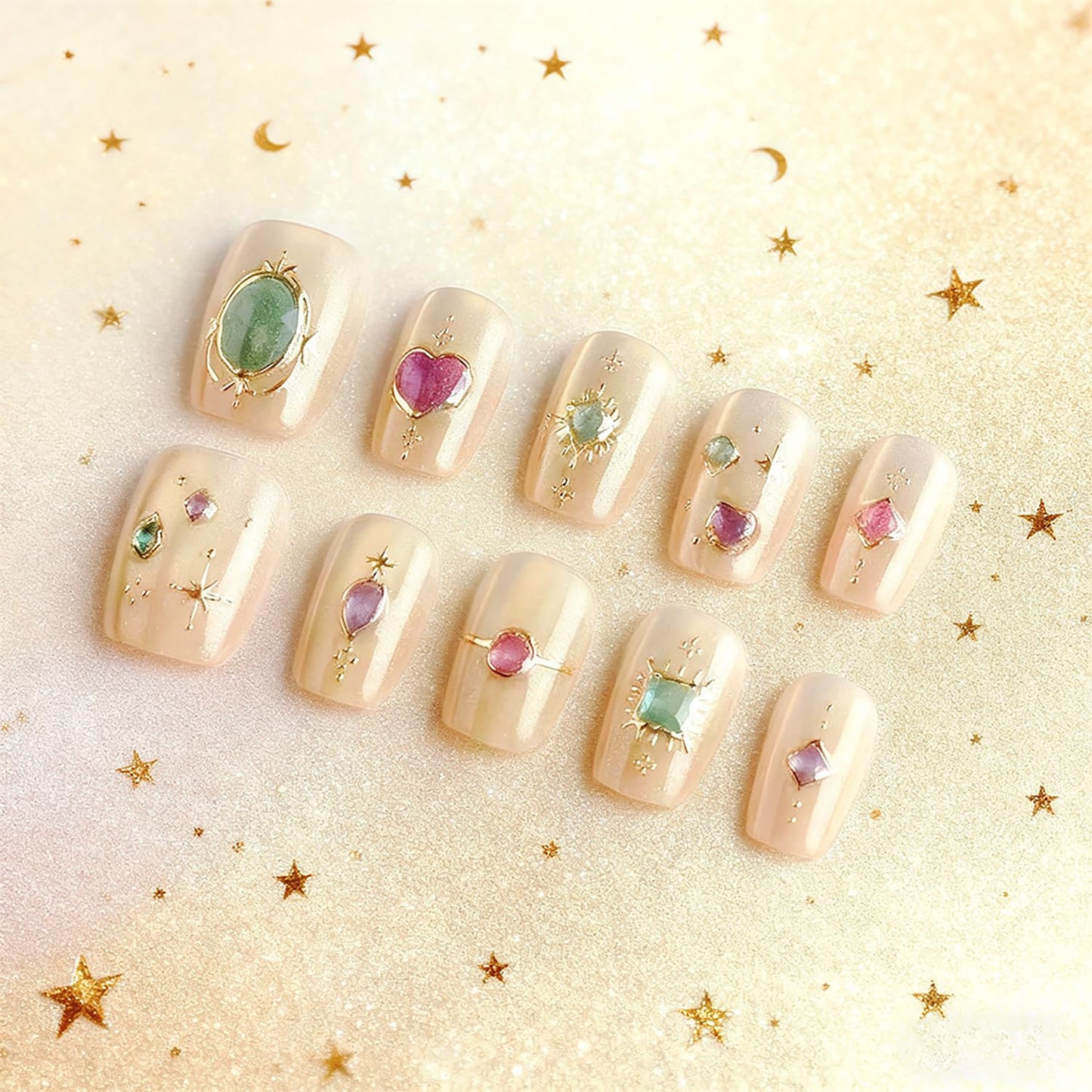 Vopintpy Star Rhinestones Press on Nails Short Square Fake Nails with Design Glitter Acrylic Glue on Nail Reusable Full Cover Artificial Stick on Nail for Women DIY Manicure