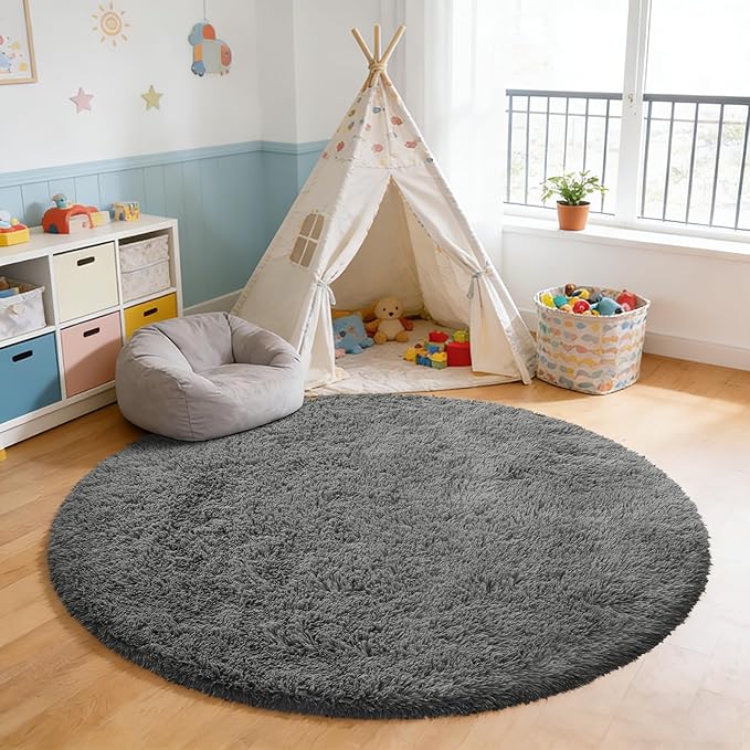 yulidayang Fluffy Round Area Rugs for Bedroom,3Ft Shag Circle Area Rugs for Living Room,Non Slip Fuzzy Plush Rug for Kids Room Boys Girls Room and Dorm,Deep Grey