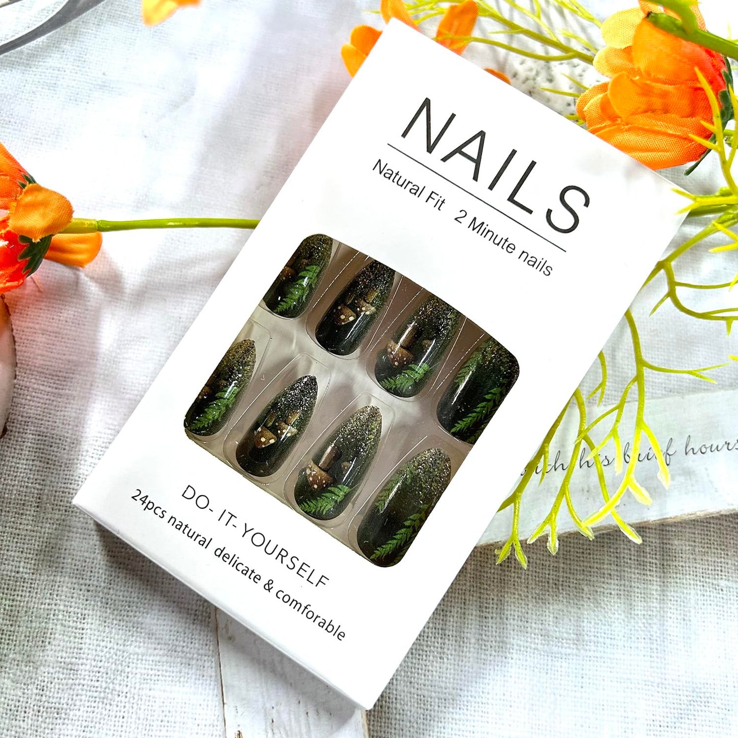 Green Press on Nails Almond Medium Full Cover Glossy Acrylic False Nails Green Grass and Mushroom Pattern Design Gradient Press Ons Fake Nail Artificial Stick on Nail DIY Glue on Nails for Women