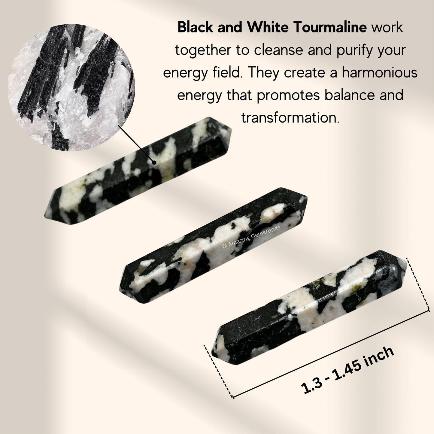 Amazing Gemstone Black and White Tourmaline Crystal Points Bulk Healing Crystals & Stones - Pack of 3 Double Terminated Healing Wand Point Bulk Crystals for Crafts, Crystal Grid, DIY for Beginners