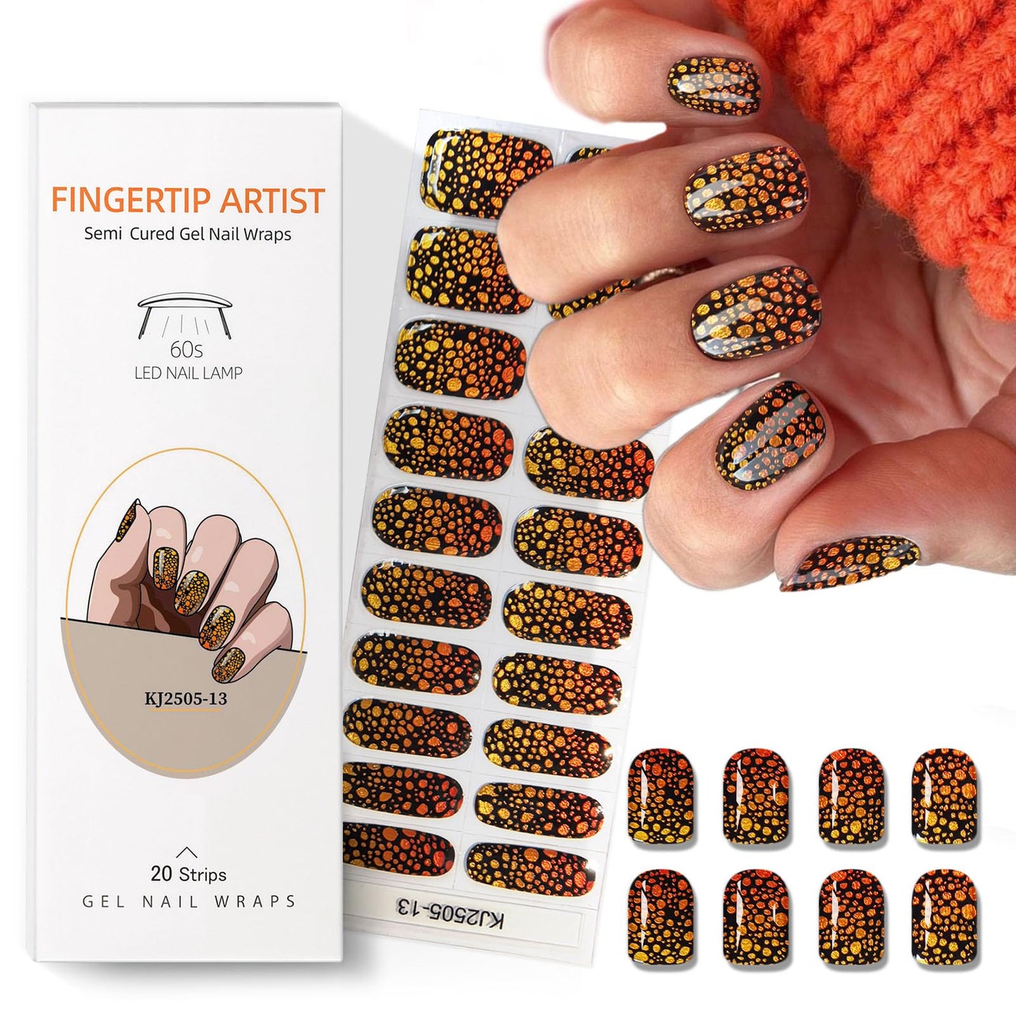 Semi Cured Gel Nail Strips with Gold and Black Designs Fall Gel nail stickers Sparkly Glossy Nail strips Salon Quality & Easy to Use 20 Pcs for Women