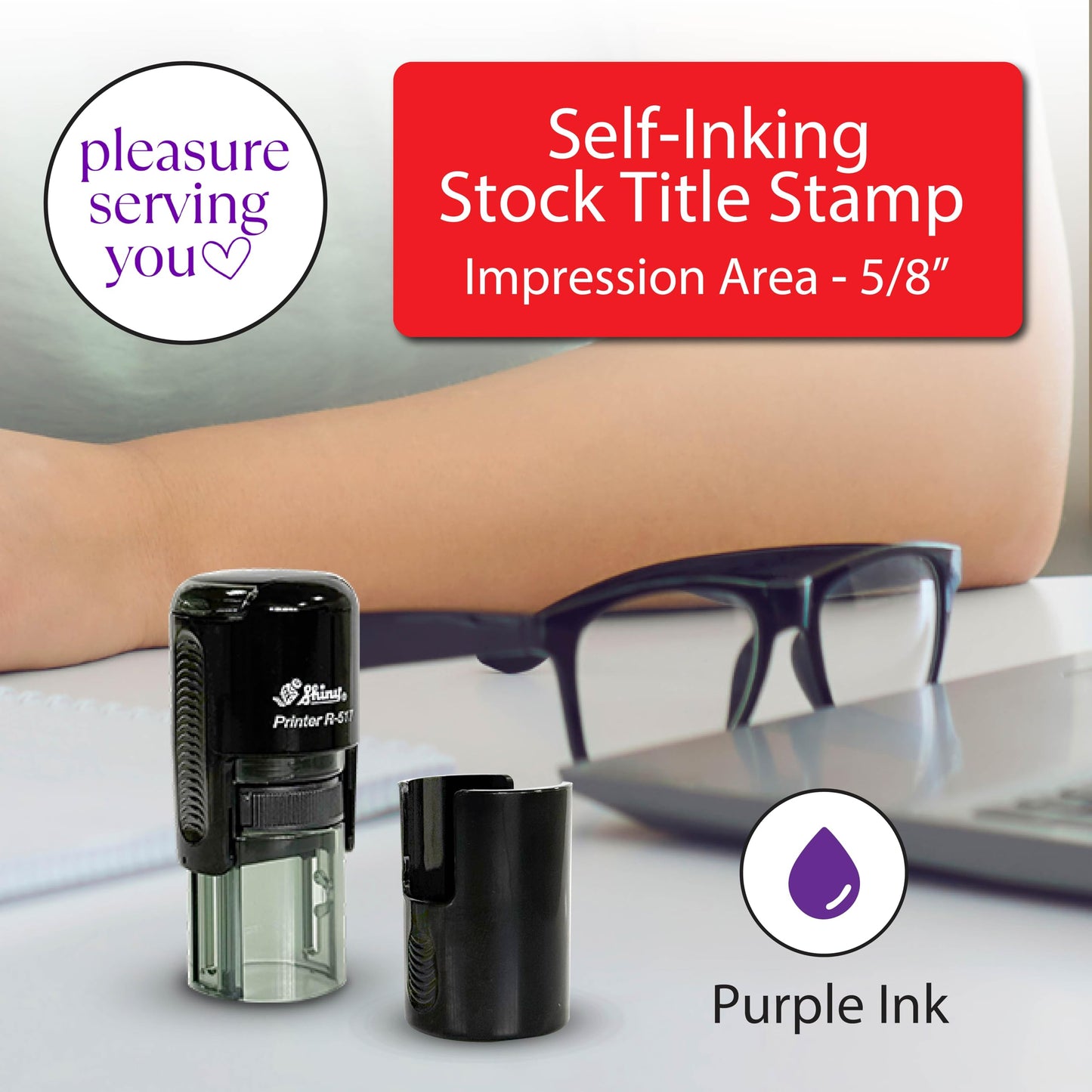 Shiny Pleasure Serving You Stamp, Round Self Inking Stamp for Office and Retail, Purple Ink