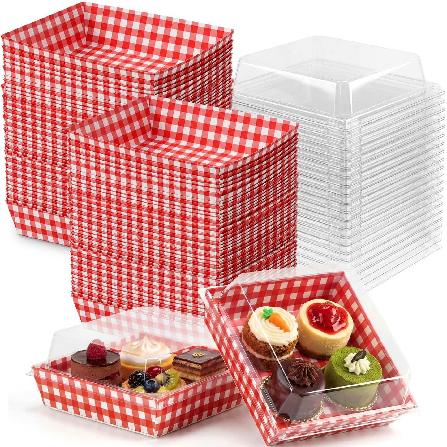 Potchen 50 Pack Red and White Checkered Charcuterie Boxes with Clear Lids, Red & White Buffalo Plaid Gift Boxes with Window for Pizza Party Decorations Wedding Bridal Baby Shower Picnic Buffet