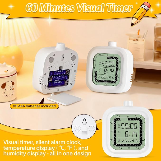 Visual Timer, 60 Minutes Countdown & Countup Timer, Digital Alarm Clock with Temperature and Humidity Monitor, 4 in 1 Multifunctional Desk Clock for Kids Study, Kitchen, Office and Home,Black