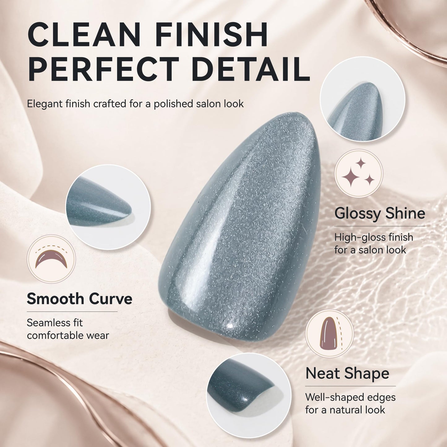ELLEWIN 60 Pcs Cat Eye Press on Nails Medium Almond - Silver & Navy Blue, 15 Sizes Acrylic Glossy Glitter Stick on Nails Set with Glue, Remover & Accessories for Women