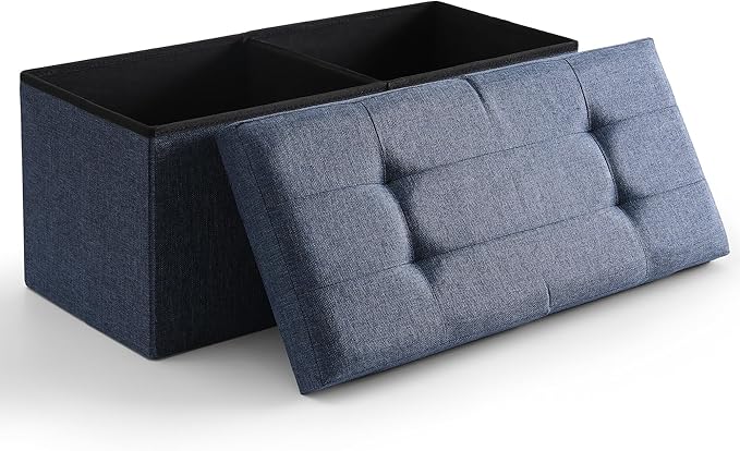 CUYOCA Storage Ottoman Bench Foldable Seat Footrest Shoe Bench End of Bed Storage with Flipping Lid, 75L Storage Space, 30 inches Linen Fabric Navy