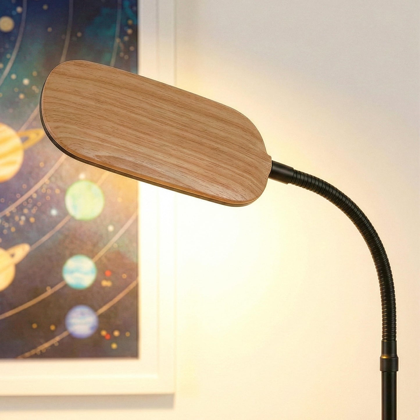 Brightech Litespan Slim LED Floor Lamp - Modern Reading Light Over Chair for Living Rooms & Offices, Tall With Adjustable Gooseneck, Crafts Work Light, Dimmable Standing for Bedroom - Wood