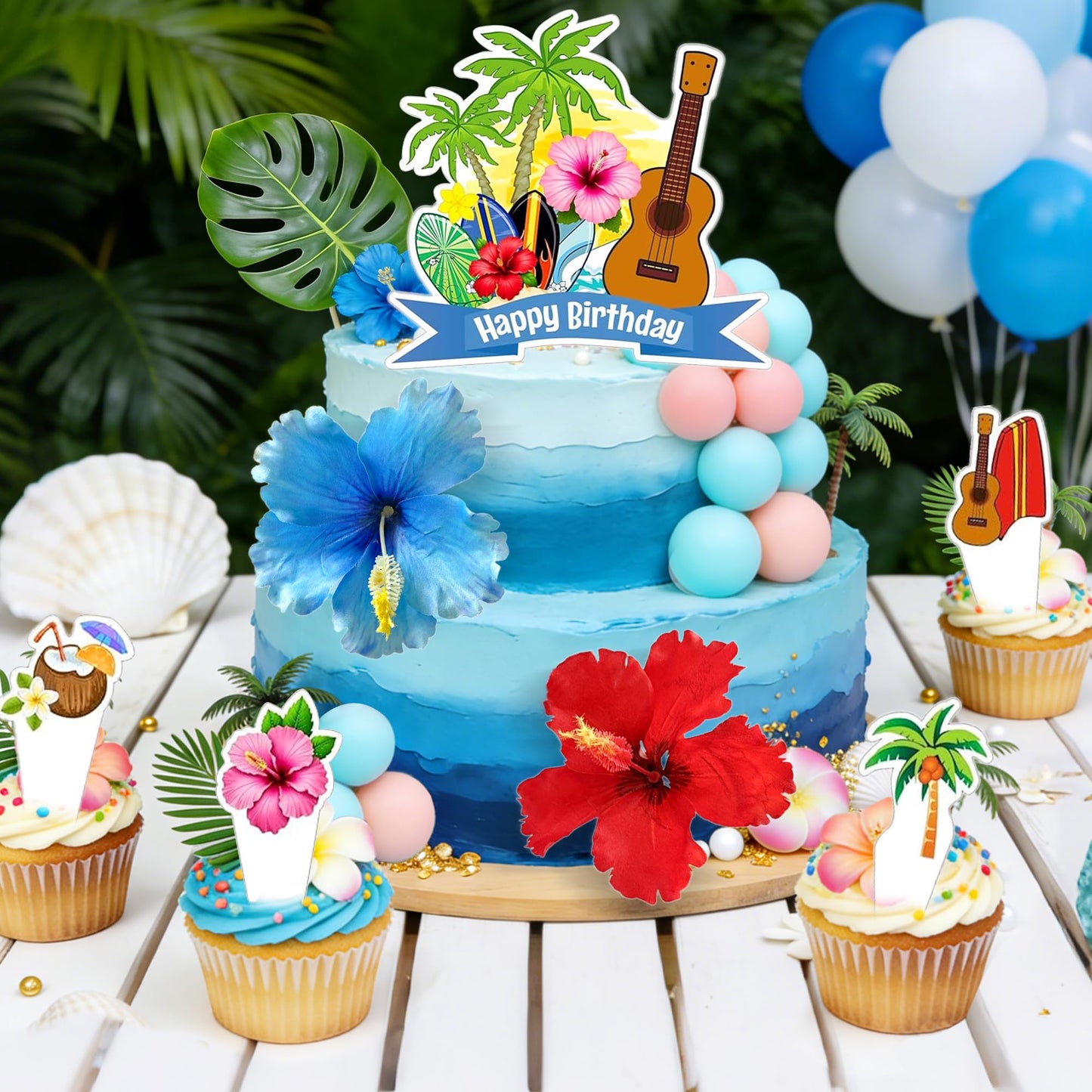 LaVenty Hawaiian Birthday Cake Decorations Tropical Cake Topper Luau Birthday Cake Toppers Hibiscus Flowers Cake Decorations