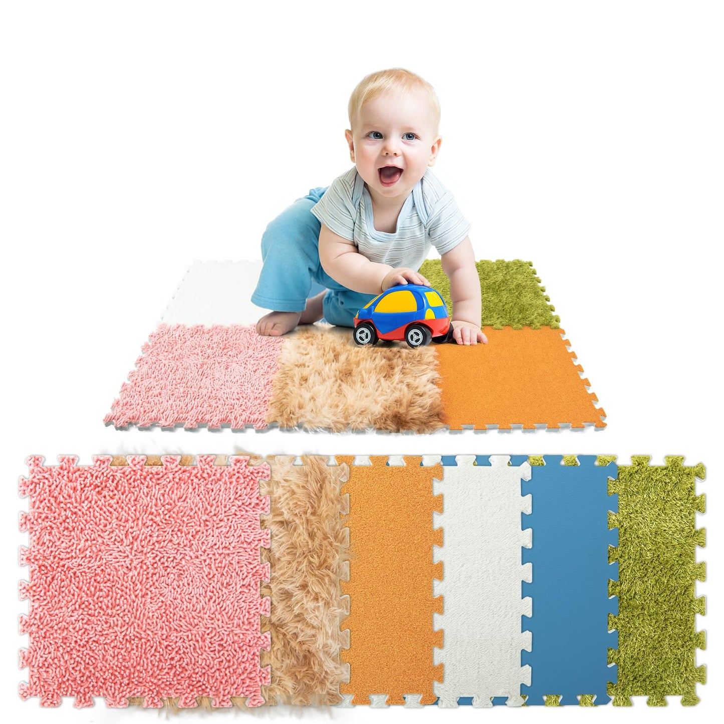Edusense 6-Pack Sensory Floor Tiles – for Tactile Play, Autism Support & Baby Development | 1cm Thick Interlocking Foam Mat with 6 Textures | Essential for Playroom, Daycare & Calming Corner (3x2 ft)