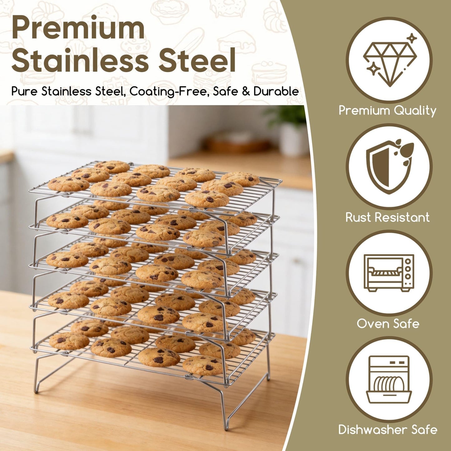 Herogo 5-Tier 15" x 10" Cooling Rack, Stainless Steel Baking Rack for Cookies, Cupcakes, and Pastries, Collapsible Space-Saving Design, Dishwasher Safe, Ideal for Baking, Roasting, and Drying