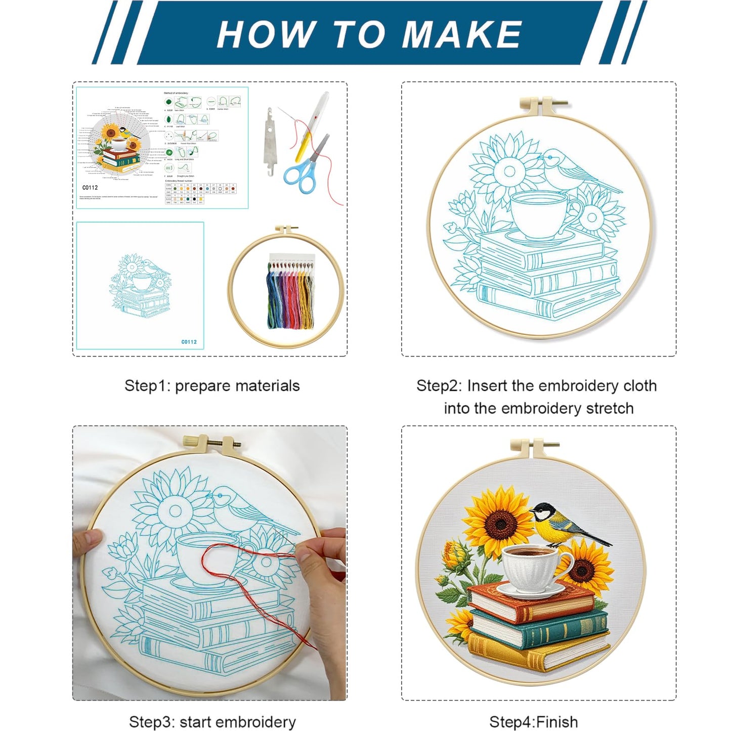 Zhenqing 4-Piece Embroidery Kit for Beginners - Complete Set with Pre-Printed 29x29cm Cotton Fabric, Hoop, Threads & Tools (Books, Hot Air Balloon, Wildflowers, Gramophone Designs)(C0159)