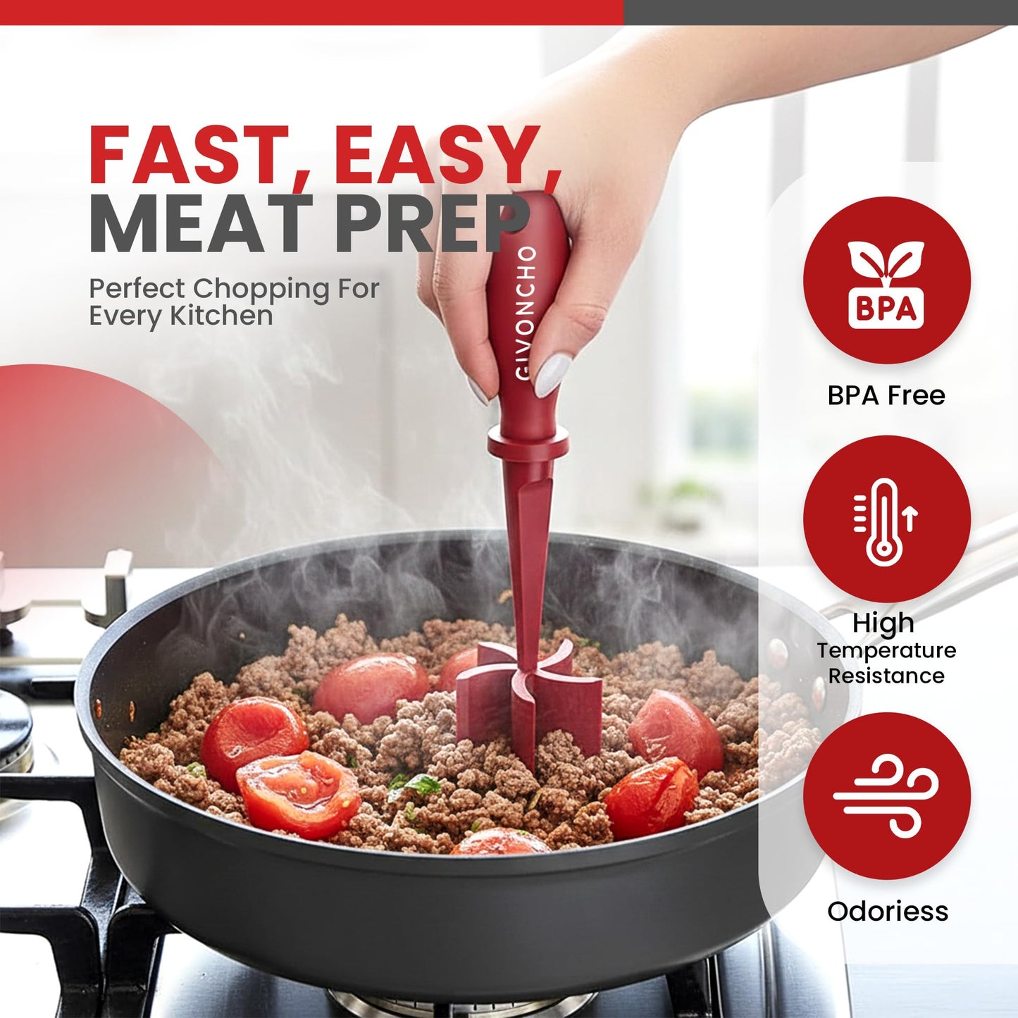 Meat Chopper & Masher, Heat-Resistant Nylon Ground Meat Breaker, Nonstick-Safe Hamburger Chopper Tool for Beef, Ergonomic Handle Kitchen Utensil (2, Red)