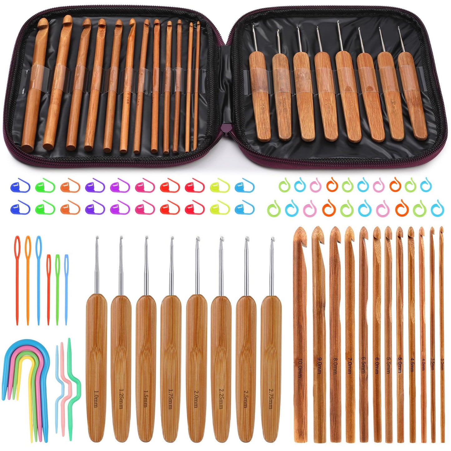Mayboos 20 Pieces Bamboo Crochet Hooks Kit, Wooden Bamboo Crochet Hooks with Silver-Plated Aluminum Hook Sizes 1.0-10.0 MM for Handcrafted Knitting Needles