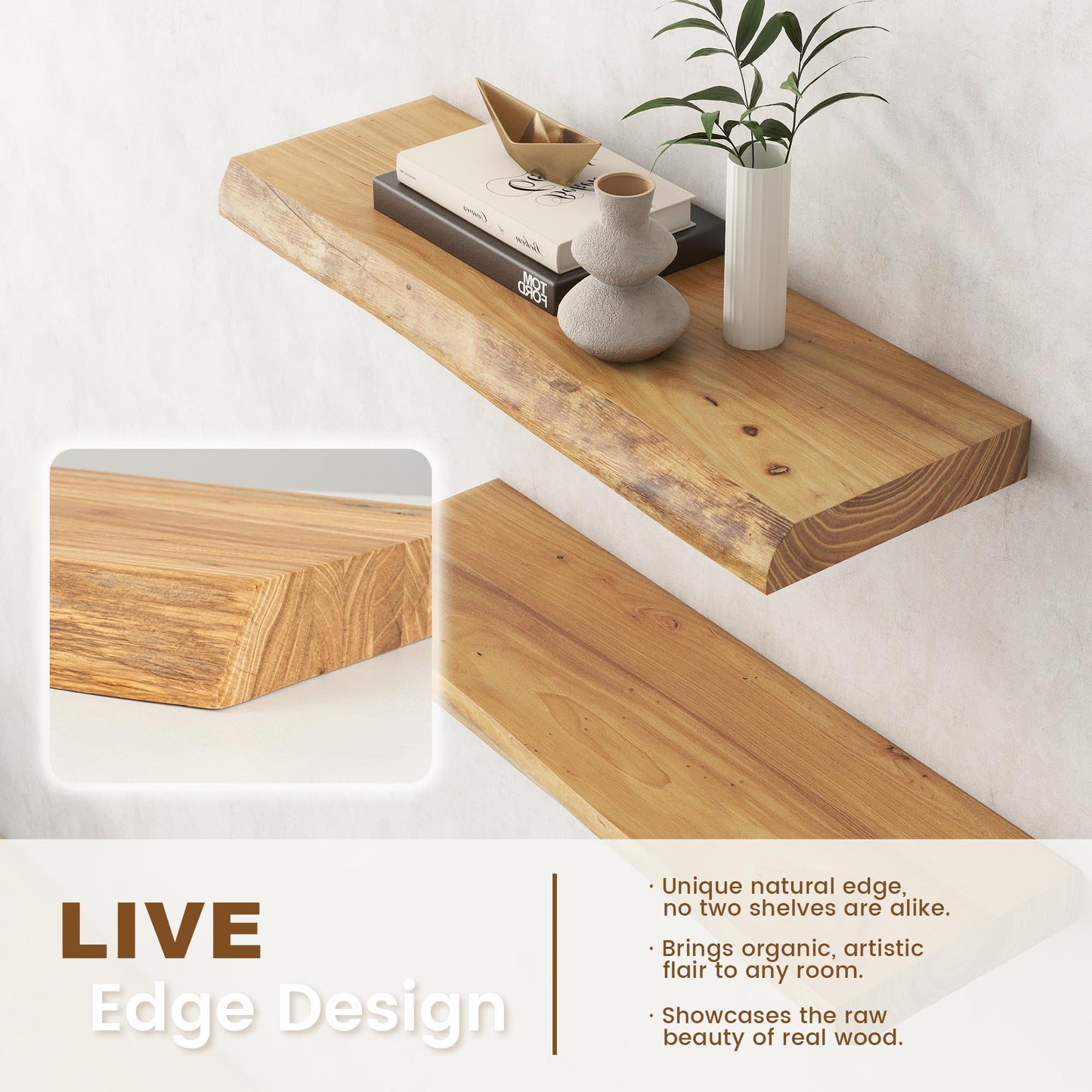 Venusmiles Live Edge Elm Floating Shelves for Wall Decor, Rustic Solid Wood Shelves Wall Mounted with Invisible Bracket for Living Room Bathroom Bedroom Kitchen, 24 Inch Set of 2, Natural
