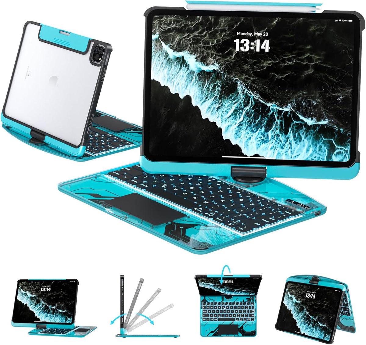 Transparent Case with Keyboard for iPad 11th Gen 11-in.(A16, 2025) & 2022 iPad 10th Gen 10.9-in,7-Color Backlit,Wireless Keyboard, 360°Rotating,with trackpad,Pencil Holder,with Shortcuts,Blue