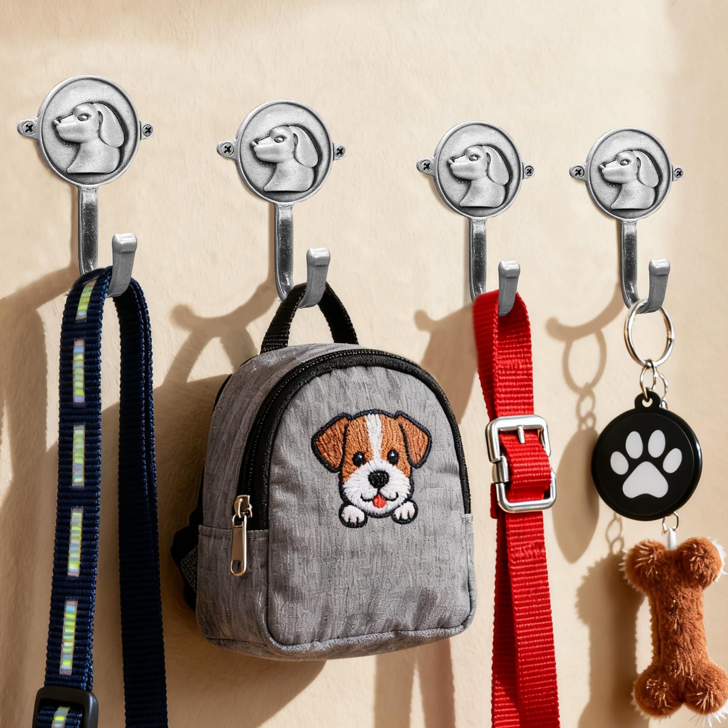 FKLOYP 6PC Dog Head Shaped Hooks Wall Mount Pet Leash Hook Cat Leash Holder for Wall Cute Coat Hooks Key Holder for Entryway Hallway Kitchen Office, Great Gift for Dog and Cat Lovers(Antique Silver)