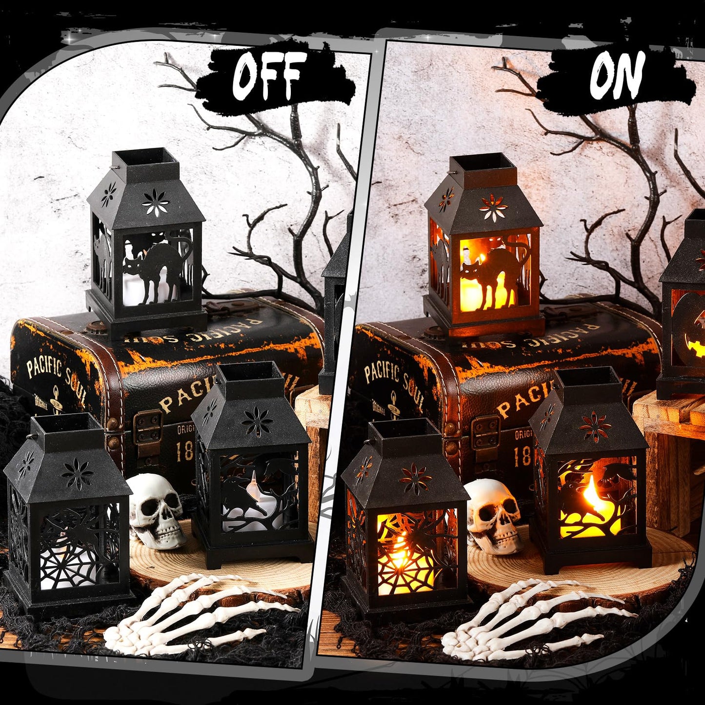 Tujoe 6 Pcs Halloween Mini Lantern with Flickering LED Candles 4.5 Inch Halloween Lantern Decoration Bulk Decorative Hanging Spooky Halloween Lanterns for Indoor Outdoor Party Halloween Decoration