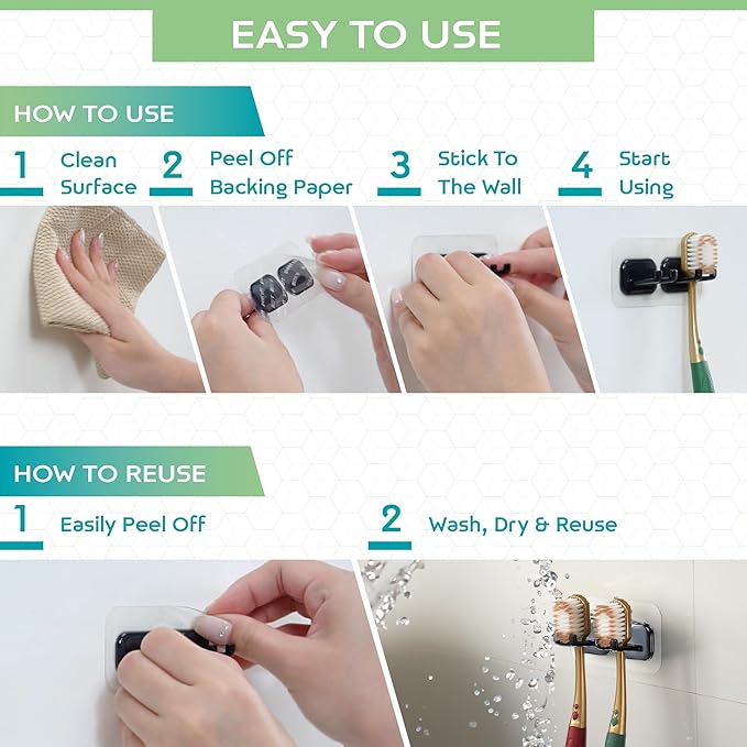 Hook LAB Self-Adhesive Double Toothbrush Holder, 2-Pack, Removable & Reusable Wall-Mounted Storage Organizer, for Bathroom & Kitchen Accessories - Black