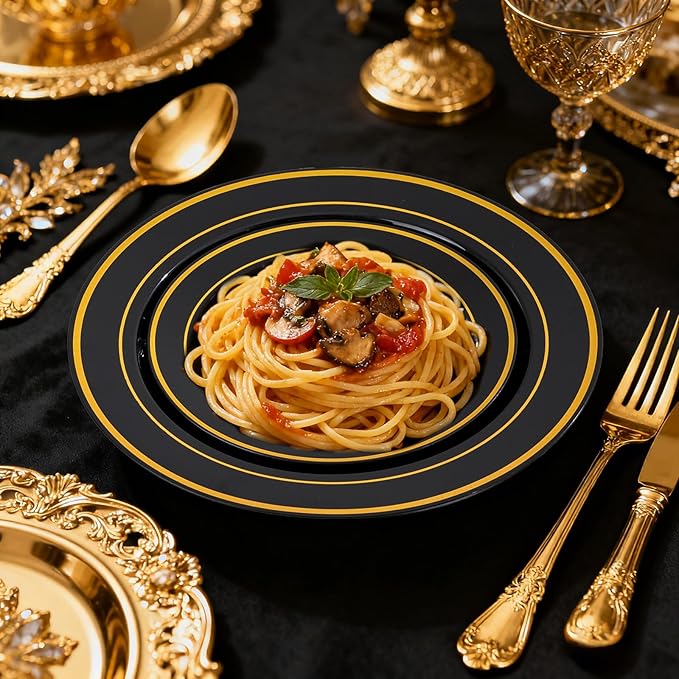 100PCS Black Plastic Plates, 10 Inch Disposable Dinner Plate Party with Gold Rim, Heavy Duty Disposable Plastic Plates for Party, Wedding and Birthday