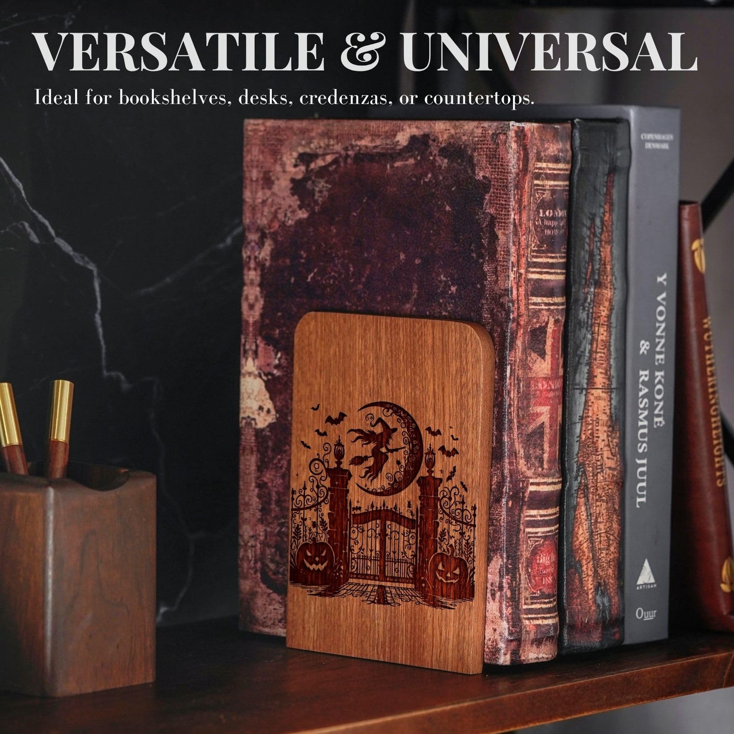 Goth Gifts for Women Men, Gothic Bookends, Heavy Duty Wooden Book Ends for Shelves Decorative(1 Pair, 4.72x6.69 Inches) - Witch